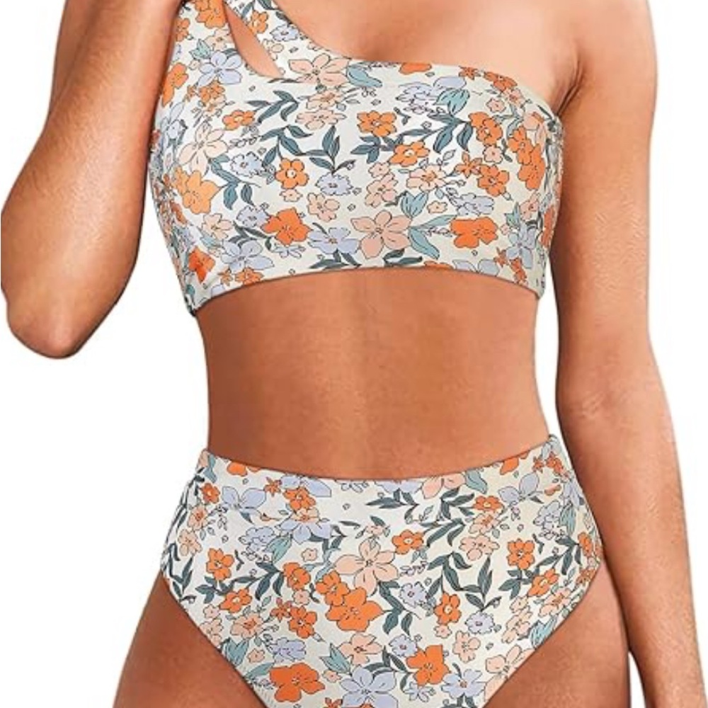 Women’s Large One Shoulder Bikini With Cutout Higher Waist Orange Purple Floral